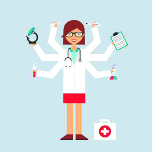 Multitasking character: doctor. Flat style, vector illustration