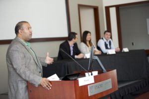 Professor Manish Tripathi moderates a panel on eSports with industry panelists representing content development (Hi-Rez Studios–video games), broadcast (Turner), and sponsorship (Coca-Cola Company).