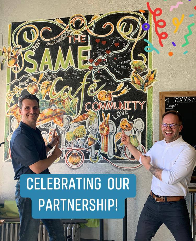Ultra Cuisine CEO Boris Katsnelson 99BBA, left, celebrates his company’s community partnership with Denver’s SAME Café executive director Brad Reubendale