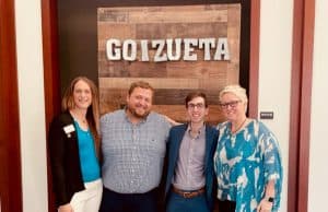 Out in Business event. Jamie Harrell with alumni panelists Shawn Scott, Rachelle Kuebler-Weber, and Bobby Wilson.