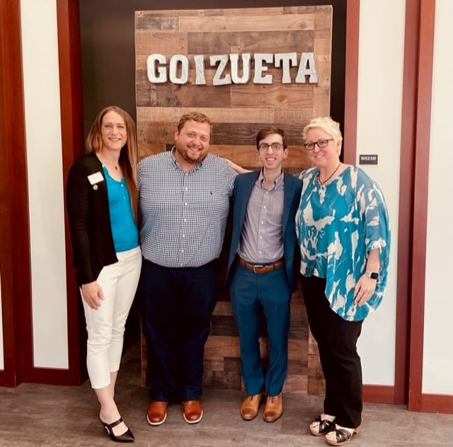 OIB 2 Out in Business event. Jamie Harrell with alumni panelists Shawn Scott, Rachelle Kuebler-Weber, and Bobby Wilson.