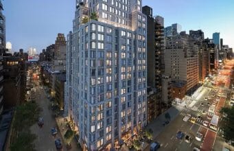 Exterior view of a 23-story residential building at 300 East 50th Street in New York City, developed from a Goizueta real estate student project.