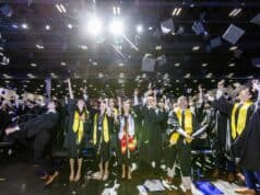 Goizueta Celebrates the Class of 2026 During Emory’s 181st Commencement Goizueta Business School graduates celebrate by tossing their caps in the air during the Class of 2026 commencement ceremony at Gas South Arena.