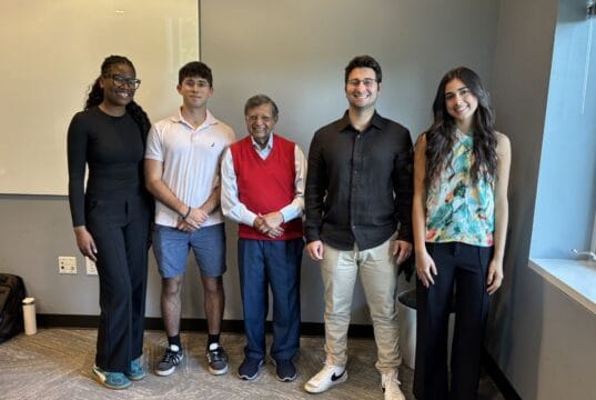 Introducing the Inaugural Recipients of the Professor Jagdish N. Sheth Scholarship Professor Jagdish N. Sheth poses with four members of the inaugural Sheth BBA Scholars cohort.