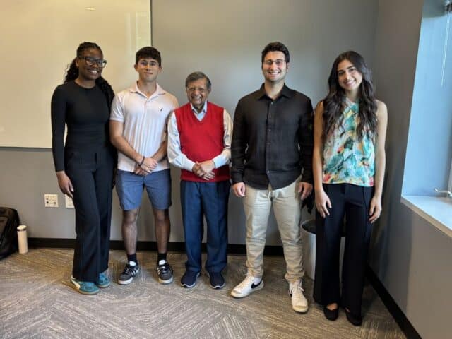 Sheth BBA Scholars Group Pic 2026_0073_1200x900 Professor Jagdish N. Sheth poses with four members of the inaugural Sheth BBA Scholars cohort.